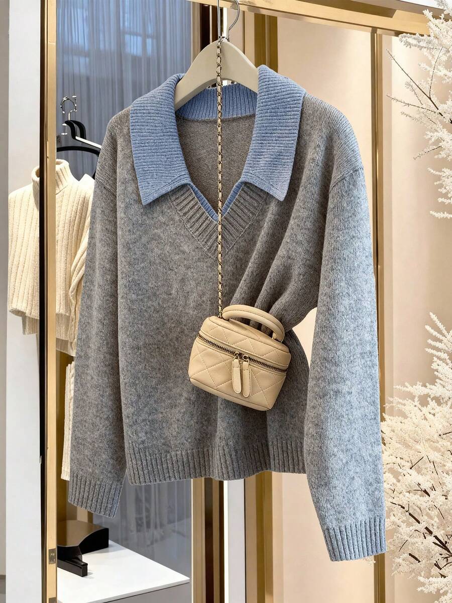 GlowEve CURVE New Fashionable Versatile Plus Size Contrast Color Collar Pullover Sweater