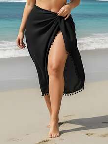Swim Lushoire Plus Size Solid Color Skirt Cover-Up, Bohemian Style Tassel Beach Wrap - Black - View 3