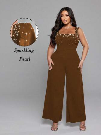 NU&NOW Plus Size Elegant & Sexy Party Bodysuit, Fitted With Decorative Pearls, Slimming