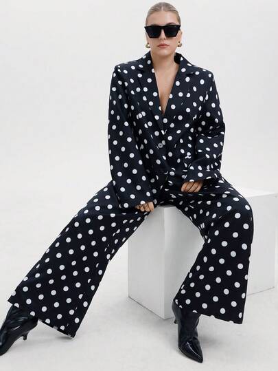 Aveloria Modichic Conjunto de terno feminino com lapela de bolinhas brancas, manga comprida, solto, perna reta, calça e terno