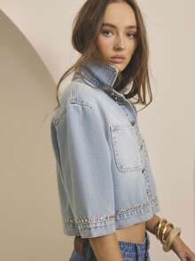 Aralina Áo sơ mi denim tay ngắn đính đinh tán mùa đông/hè - Rửa nhẹ - Xem 7