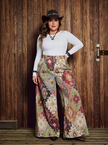 EMERY ROSE Plus Size All-Over Print Pocket Casual Loose Wide Leg Jeans Spring Summer  Vacation - Multicolor - View 5