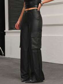 Jeanoix Women's Solid Color PU Leather Cargo Pocket Casual Loose Pants