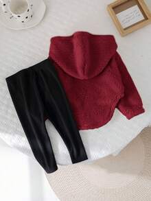 2pcs Baby Girl Cute Fleece Long Sleeve Letter Print Hoodie Sweatshirt And Knit Leggings Set, Autumn/Winter - Burgundy - View 2