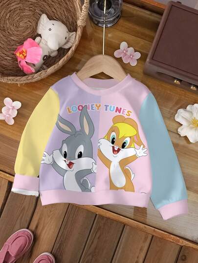 LOONEY TUNES X SHEIN Baby Girl Casual Cute Contrast Color Cartoon Pattern Sweatshirt, Autumn
