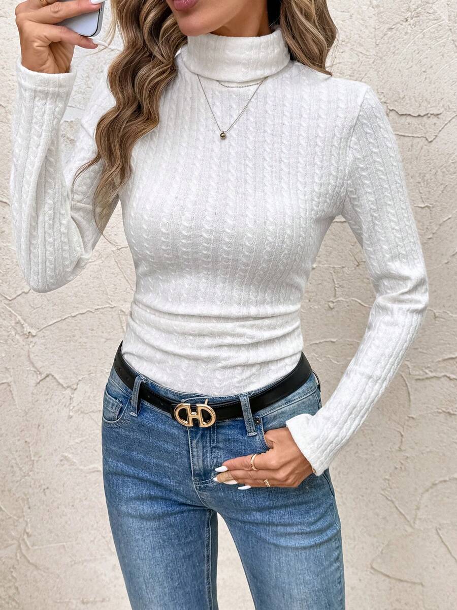 SHEIN Clasi Women's Thick High Neck Base Layer T-Shirt, Versatile For Autumn/Winter, Christmas - Apricot - View 1