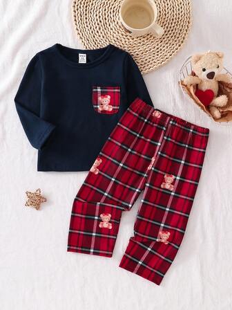 Baby Girls' Bear Plaid Pattern Navy Blue Long Sleeve Top And Pants Pajama Set,Christmas Pajamas, Loungewear, Cute Bear Red Plaid Pajamas, Winter Pajamas