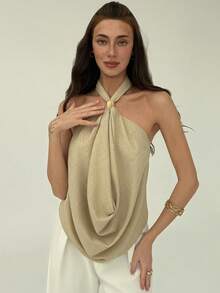 Aloruh 女士性感纯色露背吊带上衣，夏秋季，适合所有年龄段，尺码齐全，适合秋季穿着，露肩米色吊带上衣，配金属装饰扣，适合新年夜穿着。 - 灰色 - 查看 5