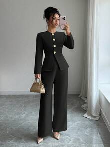 Rafferiza Women's Elegant Commuter Long Sleeve 2 Pieces Set - Black - View 5