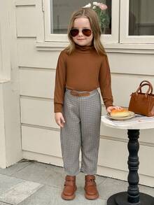 SHEIN Elladie kids 年轻女孩纯色高领泡泡袖上衣和格子裤 2 件套，秋季休闲装 - 棕色 - 查看 4