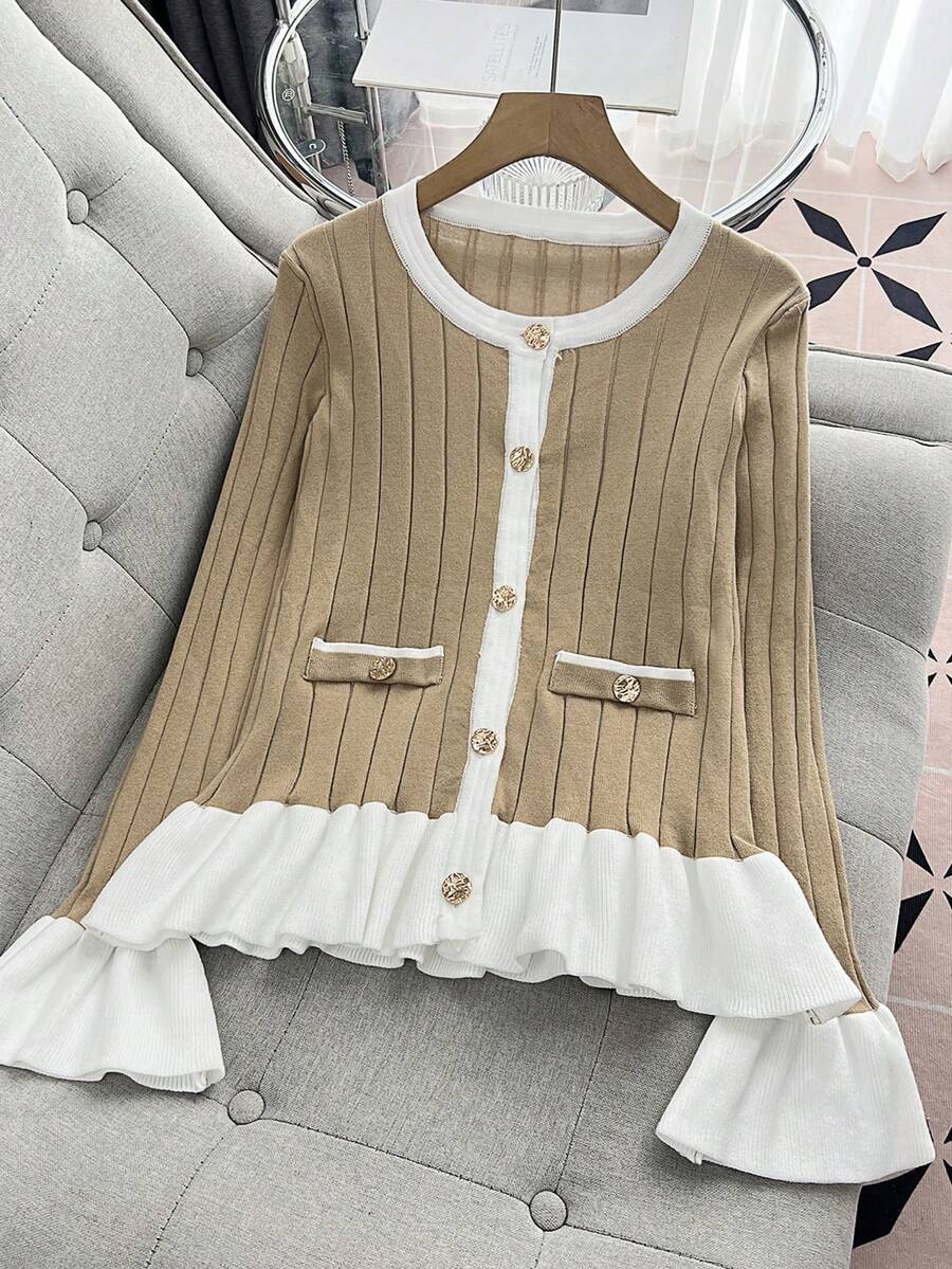 SHEIN Franclia Áo khoác cardigan cổ tròn viền bèo nhún bất đối xứng màu sắc cho nữ, áo khoác len dệt kim dày cho mùa thu/đông - Lạc đà - Xem 1