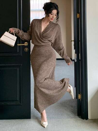 DAZY Autumn/Winter Loose Business Casual Elegant V-Neck Long Sleeve T-Shirt & Mermaid Skirt 2-Piece Set, Suitable For New Year, Christmas, Wedding, Party, Formal Occasion