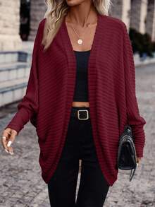 SHEIN Frenchy Women's Casual Solid Color Ribbed Batwing Sleeve Jacket, Autumn Winter Christmas Red,Fall,Fall Clothes For Women Spring Valentine's Day - Red - View 5