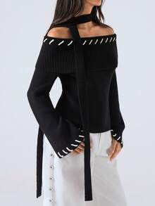 LYSMO 1 Peça Suéter Ombro Caído com Babado + Mini Lenço para Mulheres - Preto e Branco - Visão 6