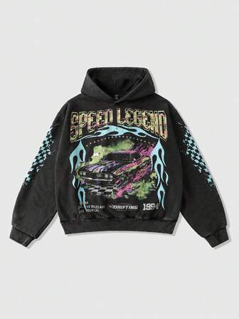 Street Life Felpa corta con cappuccio lavata in stile vintage, stile streetwear per uomo