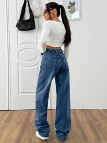 EURMUSE HIGH WAIST CASUAL STYLE DENIM STRAIGHT - Medium Wash - View 2