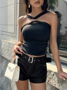 Zielony Pantalones cortos de diseño con cinturón de piel de poliuretano negro de moda para mujer - Negro - Ver 3