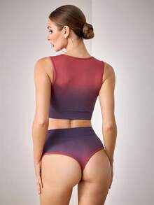 Menodora SHEIN Sport Women's Tie-Dye Print Hollow-Out Tank Top And Hollow-Out Design Bikini Bottoms Sports Set - Red Violet - View 3