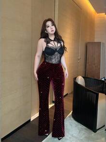 Flirla Plus Size Black Rhinestone Embellished Slim Fit Flare Pants - Burgundy - View 6