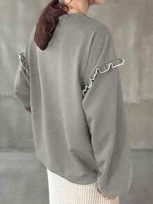 FRIFUL Women's Crew Neck Contrast Color Frill Trim Animal Letter Print Thermal Lined Contrast Color Sweatshirt, Halloween Costume, Autumn - Grey - View 3