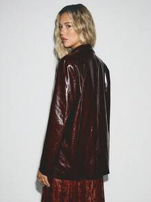 ATUI Studio Women's Long PU Leather Jacket,Burgundy,Summer,Chic,Night Out,Multifunctional Urban Business Casual,Autumn/Winter Fashion Versatile,Commuting,Street - Burgundy - View 2