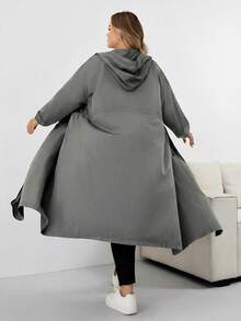 SHEIN CURVE+ Women's Solid Drawstring Hooded Waterproof Long Sleeve Trench Coat Plus Size Hooded Jacket Plus Size Raincoat Curve Fall Jacket 8xl Women Clothes Plus Size Olive Green Jacketfall Clothes For Women,Winter,CURVE PLUS Autumn/Autumn /Winter