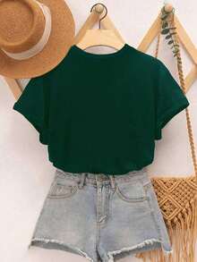 SHEIN Tween Girl Short Sleeve Floral Print Tee - Dark Green - View 2