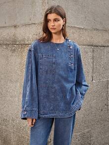 Selenza Women's Fashion Casual Turndown Collar Asymmetric Pocket Washed Loose Denim Blouse - Dark Wash - View 5
