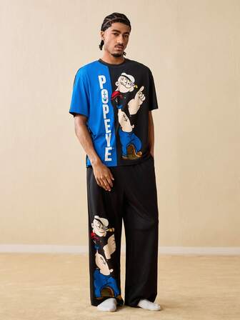 Popeye X SHEIN Men's Casual Letter & Cartoon Print Round Neck Short Sleeve Top And Pants Pajama Set, Summer Short Sleeve Pajamas Men Pajama Set Cartoon Pajamas Men Pj Set