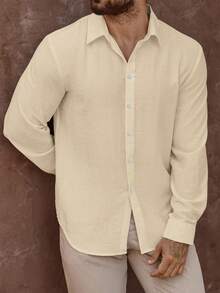 Manfinity Homme Men's Mature Vacation Linen Blend Long Sleeve Shirt - Champagne - View 3
