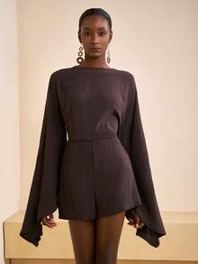 Zivah 2025 Autumn/Winter New Music Festival, Easter, St. Patrick's Day, Halloween, Christmas, Valentine's Day, Date, Western, Nomadic Style Occasion Wear: Round Neck Cape Sleeve, Flared Cuffs,Cinched Waistit, Waist TieRomperumpsuit Shorts - Brown - View 5