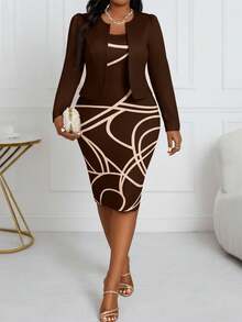 SHEIN Lady 新款春夏秋冬针织棕色泡泡袖开襟短款上衣，修身腰身，几何图案经典印花直筒连衣裙，大码两件套，女士冬季服装，新年服装，毕业礼服，时尚服装系列，冬季女士服装，圣诞节服装，新年服装，新年感恩节服装，冬季连衣裙，正式礼服，红色连衣裙，时尚服装系列 - 棕色 - 查看 5