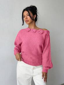 Elenzga Women's Elegant Floral Rhinestone Decor Asymmetric Shoulder Solid Color Sweater