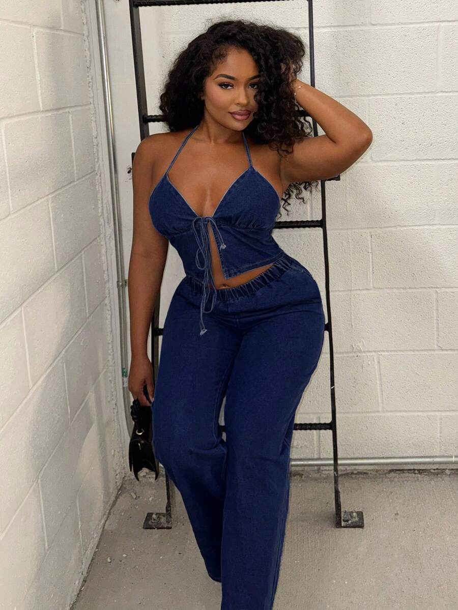 Alexandranx Women Denim Halter Neck Top & Elastic Waist Pants Set, Blue Dark Denim Two Piece Set - Dark Wash - View 1