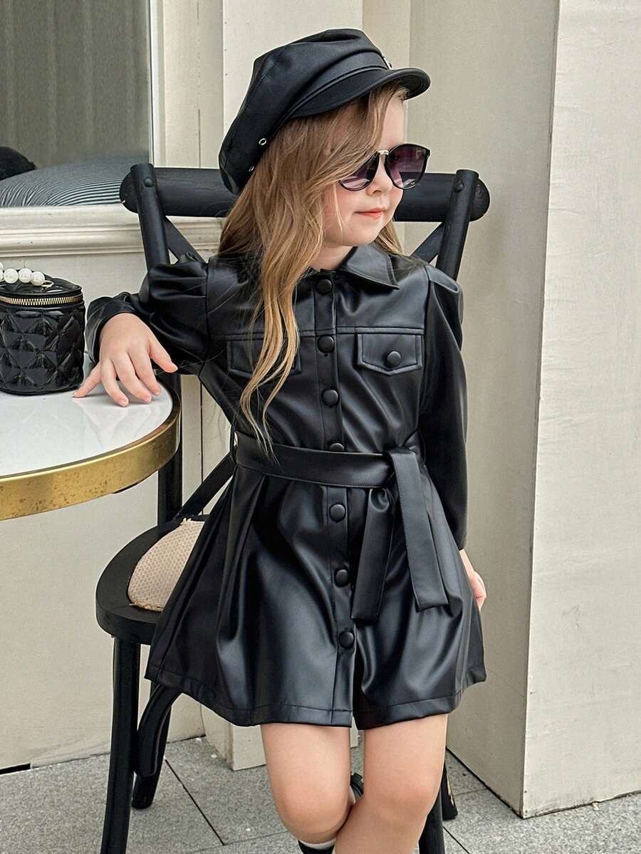 SHEIN Elladie kids Young Girl Casual Fashion Long Sleeve Single-Breasted Leather Jacket - Black - View 1