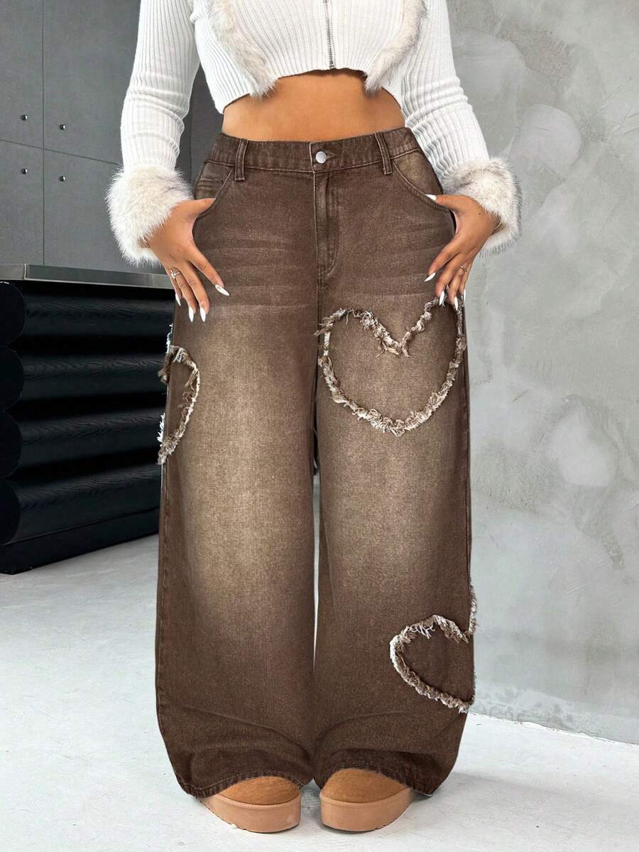 SHEIN ICON Quần jean ống đứng hình trái tim gợi cảm cỡ lớn, màu xanh - màu nâu - Xem 1