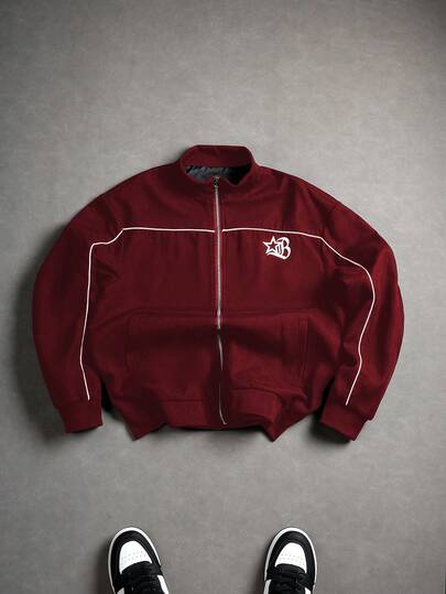 PAVTROS 男士秋季哥特式字母印花撞色滚边拉链休闲夹克