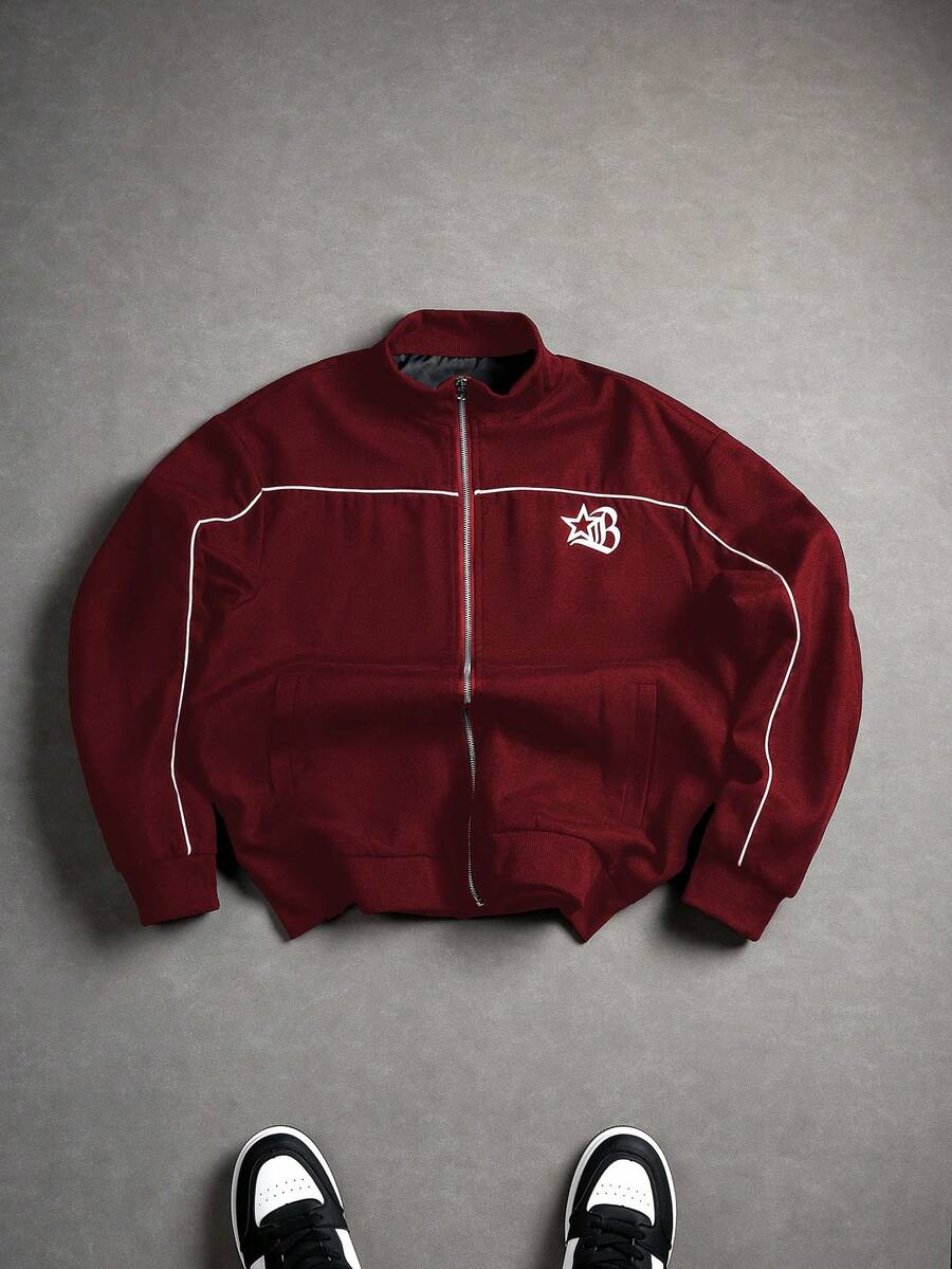 PAVTROS 男士秋季哥特字母印花撞色滚边拉链休闲夹克 Y2K 拉链男士街头风拉链短款拉链男士红色拉链运动夹克 - 紅色 - 查看 1