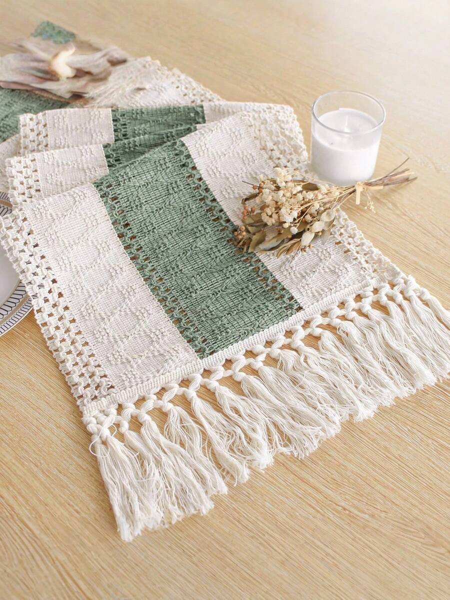 1 件波西米亚风格桌旗 Macrame 桌旗，适用于家居装饰，奶油色和棕色 Macrame 桌旗带流苏，适用于波西米亚风格餐厅卧室装饰、乡村新娘送礼会、农舍乡村风格桌旗、餐垫、感恩节圣诞节家居装饰（多种尺寸可选）