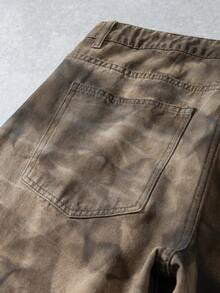 Manfinity Denimwave Men's Tie-Dye Pocket Loose Fit Casual Flare Leg Jeans Loose Wide Leg COUPLE Regular Washed Camouflage Thrashed Denim For Y2K - Coffee Brown - View 3