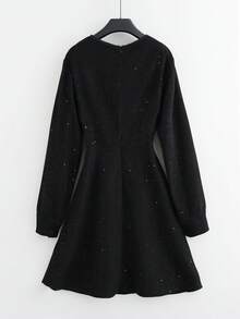 GlowEve Women's Elegant Silver Glitter Round Neck Waist Cinched Pearl Button Lantern Sleeve Midi Dress - Black - View 2