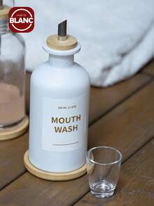 11.80Z Glass Mouthwash Dispenser ForBathroom With Stainless Steel & BambooNozzle, Mouthwash Cup Reusable, BambooTray, And Elegant Gold Sticker.(Clear - Multicolor - View 2