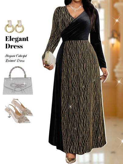 Fleurora 女式加大码天鹅绒V领长袖优雅连衣裙