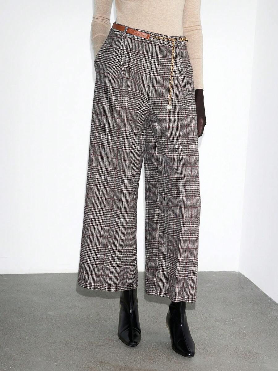Lumivelle Winter Clothes For Women Women's  Fashionable Retro Plaid Belt Chain Pants Wide Leg Pants Checkered Pants Plaid Pants - Multicolor - View 1