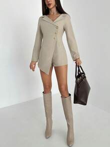 Aloruh Women's New Collared V-Neck Slim-Fit Jumpsuit, Cinched Waist, Elegant Holiday Wear, Beachwear, Carnival Outfit, Casual Skirt-Pants, Elegant Jumpsuit, Vacation Tea Break Attire. - Khaki - View 7