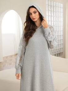 Mulvari Women's Lace Patchwork Knitted Long Sleeve Flared Hem Arabic Style Dress, Autumn/Winter - Grey - View 5