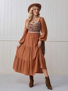 LanaWest 女式复古棕色时尚优雅方领多色花卉镂空钩针拼布长袖松紧腰宽松下摆波西米亚风格长裙，适合度假、日常穿着、茶会 - 棕色 - 查看 4