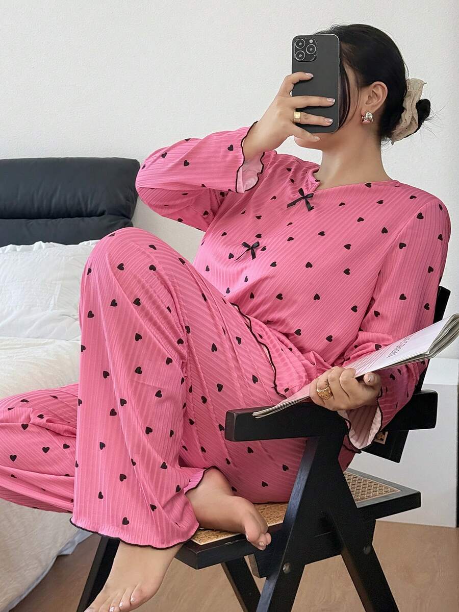 SweetSlumber Plus Size Women Ribbed Ruffle Trim Heart Print Long Sleeve Top & Pants Pajama Set With Bow, Winter Clothes - Pink - View 1
