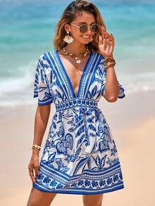 Swim Vcay Women's V-Neck Waist Cinched Short Sleeve Printed Dress, Beach Cover-Up, Spring/Summer - Blue - View 4