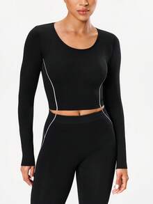 Eassivo Camiseta corta de manga larga sin costuras para mujer, a rayas blancas - Blanco y Negro - Ver 3